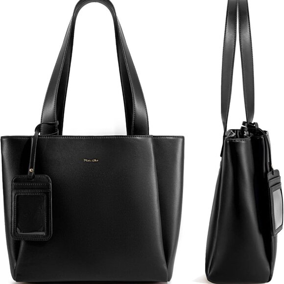Women’s Vegan Leather Work Tote Bag with Zip Compartments and Shoulder Strap - Picture 6 of 7
